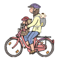 イラスト:幼児を乗せることができる場合 前座席に1人・おんぶ