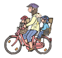 イラスト:幼児を乗せることができる場合 前後座席に1人ずつ・おんぶ