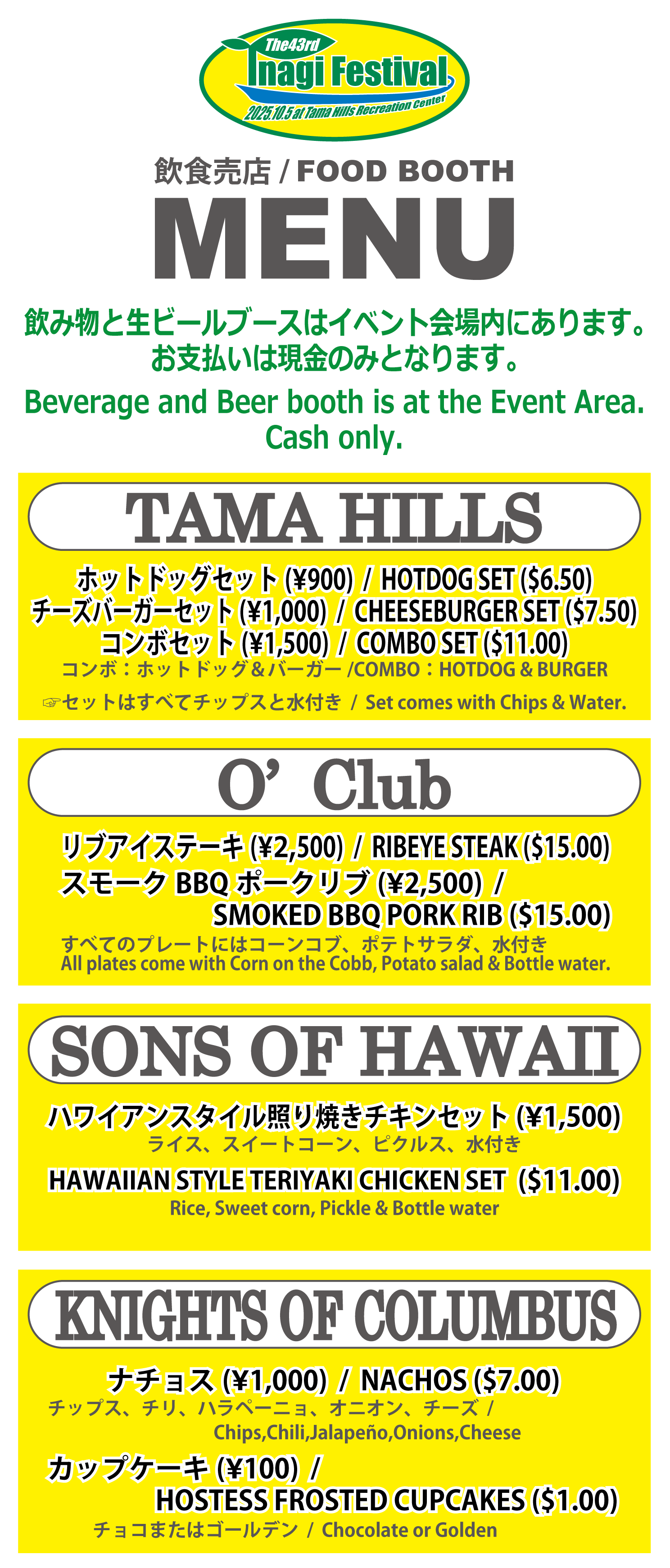 (1)ホットドッグセット900円、チーズバーガーセット1,000円、コンボセット1,500円。(2)リブアイステーキ、スモークBBQポークリブともに2,500円。(3)ハワイアンスタイル照り焼きセット1,500円。(4)ナチョス5種各1,000円、カップケーキ100円。