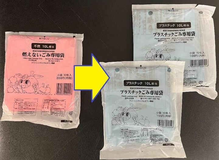 照片：不可燃垃圾袋1→塑膠垃圾袋2