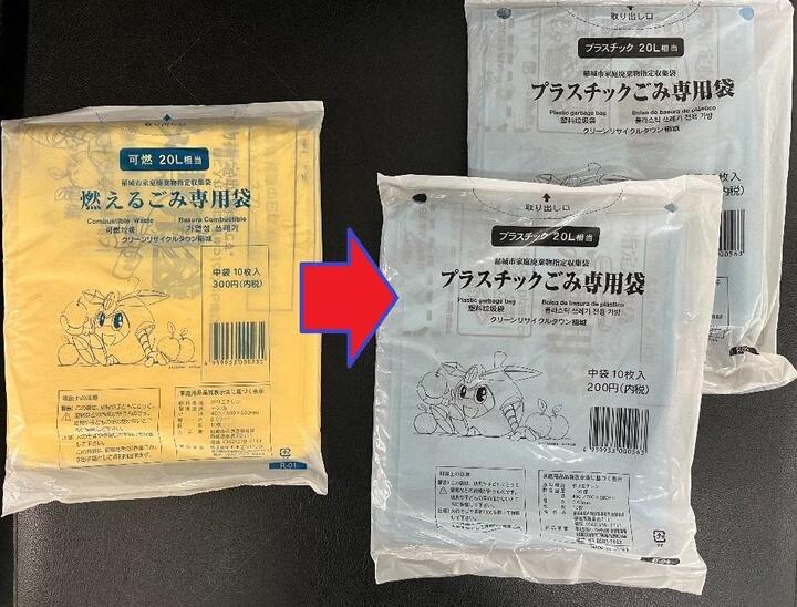 照片：可燃垃圾用袋1→塑膠垃圾用袋2